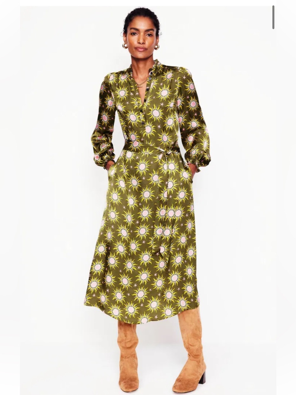 BODEN Jasmine Satin Midi shirt Dress Size 6 winter moss celestial